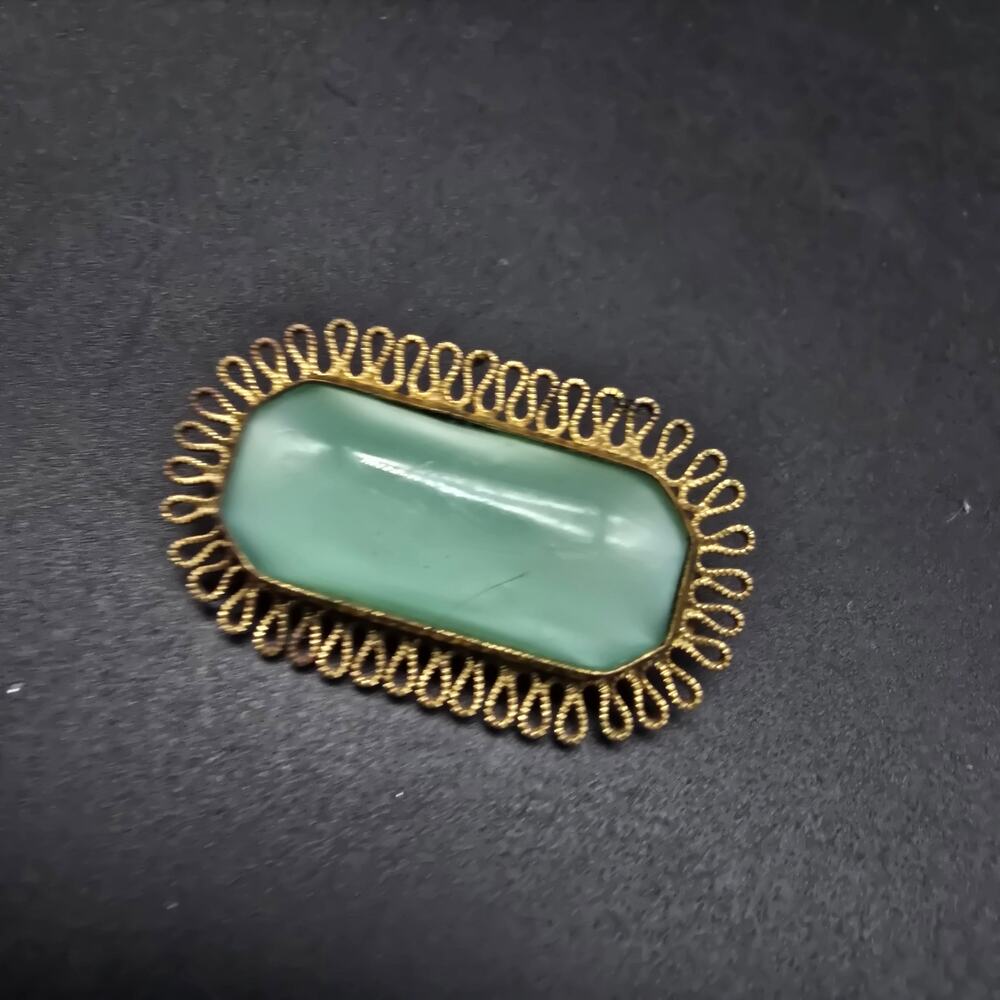 Vintage Green Moon Glow Brooch Faux Jade Costume Jewelry